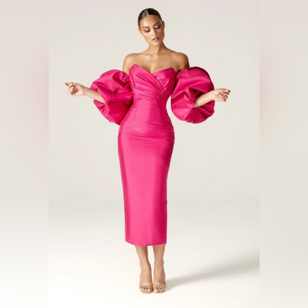 ALIEVA TIFFANY DUPIONI PUFF SLEEVE MAXI DRESS (HOT PINK) - Small